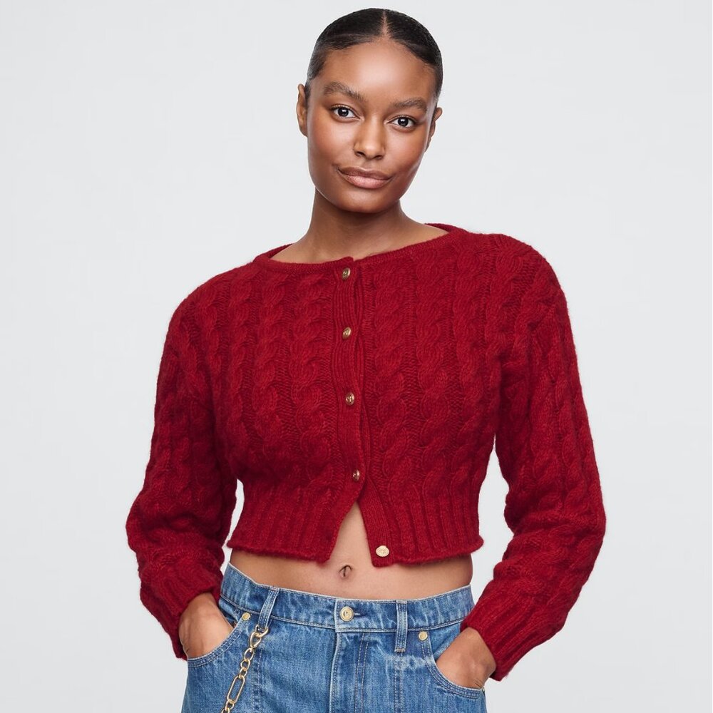 Gap x Cult Gaia Cropped Cable-Knit Cardigan Sweater in Red Medium NWT - Picture 2 of 7